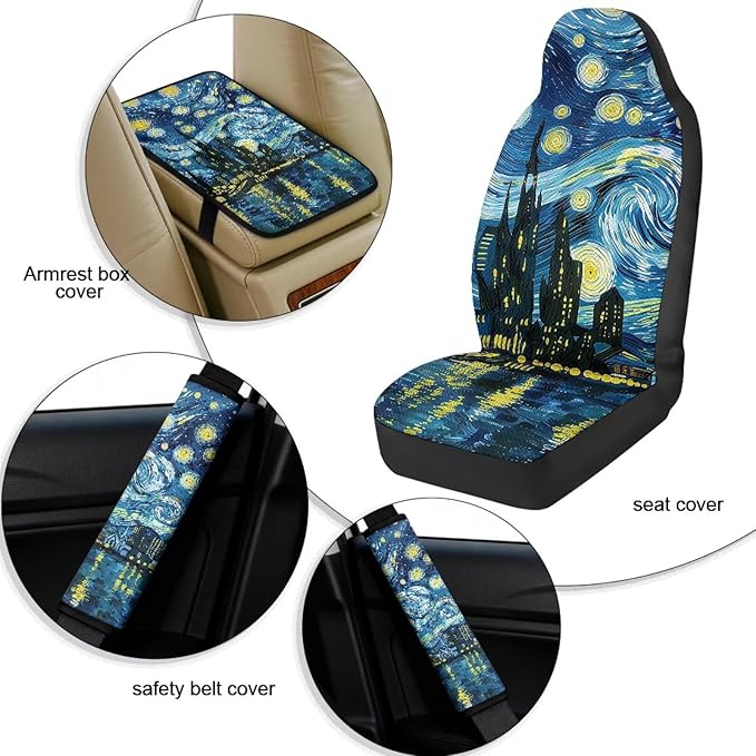 Qeluxign Starry Night Car Seat Cover Set with Armrest Cover Cushion PU Automotive Car Cover and Seat Belt Shoulder Straps Pad, Universal Fit for Truck Sedan SUV, Pack of 5