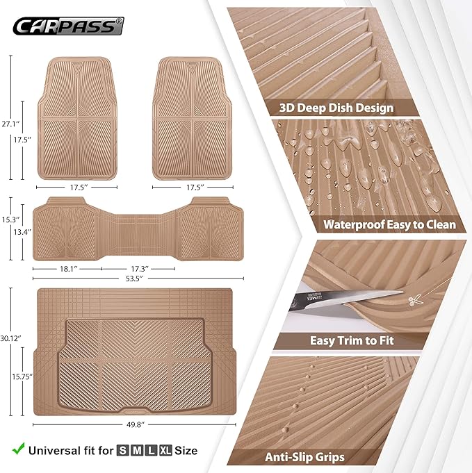 CAR PASS Beige Rubber Floor Mats&Cargo Liner,Waterproof Truck Mats Heavy Duty,All Weather Trim-to-Fit Automotive Mat for Car Truck SUV,Anti-Slip Easy Clean Durable,Full Set 5-Piece,3D Emboss All Beige