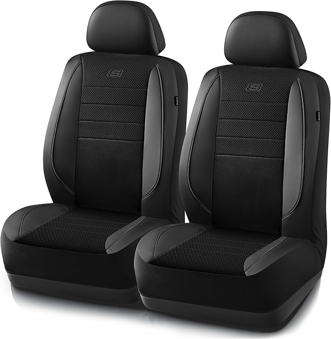 Skechers Air-Cooled Memory Foam Seat Covers,Mesh Thick Car Seat Covers,Piping Leather Car Seat Covers Front Seats,Airbag Compatible,Automotive Comfort Universal FitMost Cars,Vans,Truck,SUV,Black