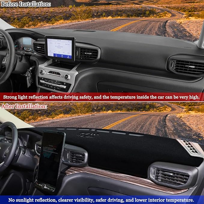 Blazeray Dash Cover Mat for Ford Explorer 2020 2021 2022 2023 2024 Dashboard Cover Nonslip Dash Board Protector Mat Interior Accessories Sunshade Anti Glare Pad Carpet Sunshield(Black Edge)