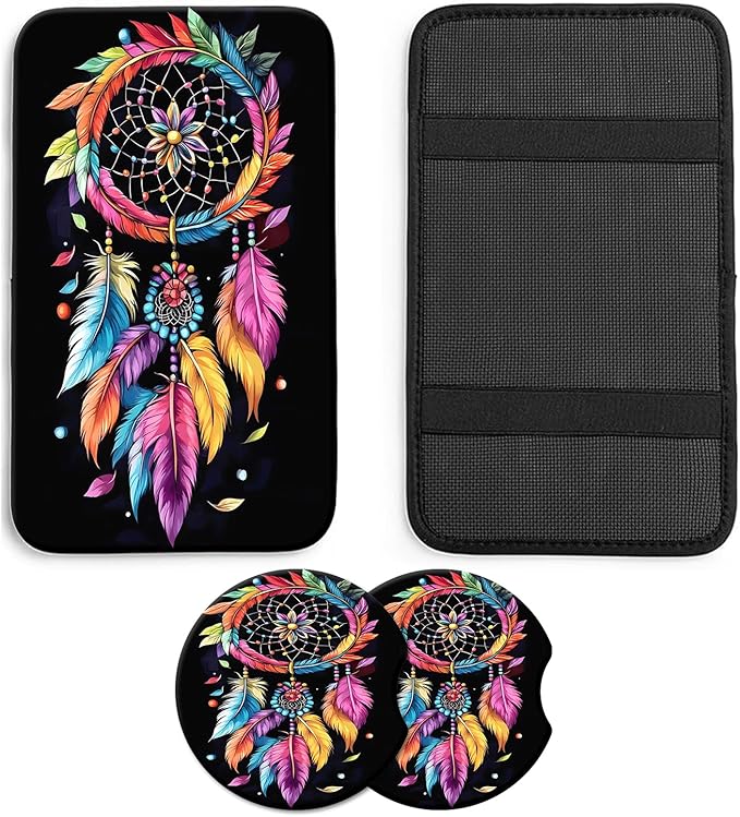 JANENFNA Car Armrest Cover Pads Universal Fashion Cute Auto Center Console Armrest Cover Pad with 2PCS Car Coasters Soft Waterproof Car Armrest Seat Protector for Women,Colorful Wind Chime