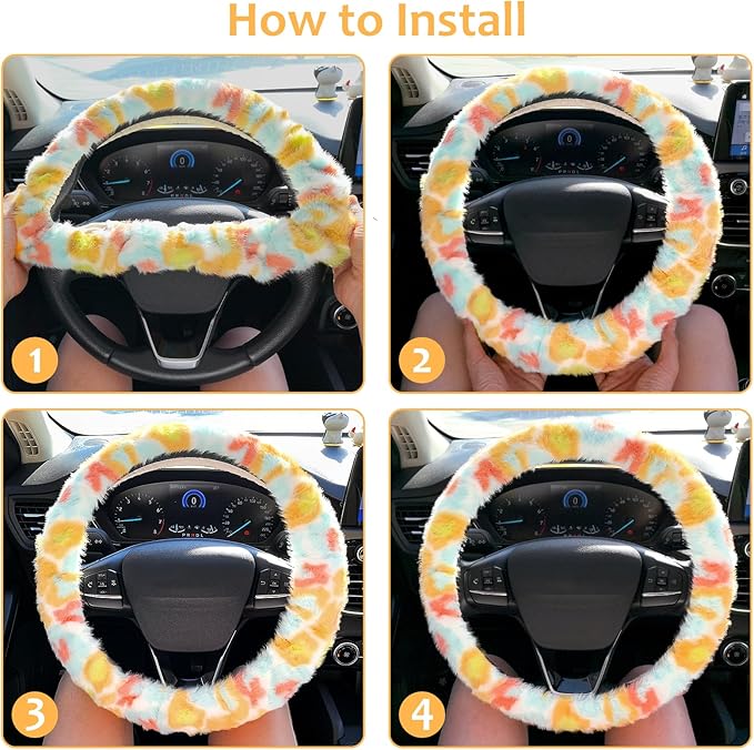 Accmor Fuzzy Car Steering Wheel Cover, Universal Fluffy Auto Wheel Cover & Handbrake Cover & Gear Shift Cover Set, Soft Warm Steering Wheel Protector Car Accessories for Men Women Girls, Colorful