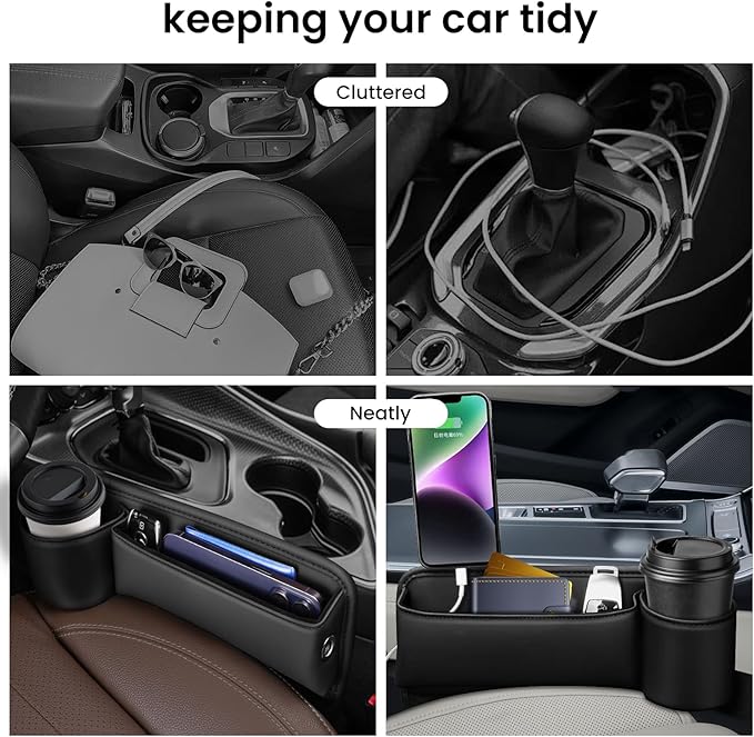 2 Pcs Car Seat Gap Filler Organizer with 2 Hooks, Left & Right Side Storage Box for Phones, Keys, Sunglasses, Keeps Cabin Organized & Prevents Items from Dropping.