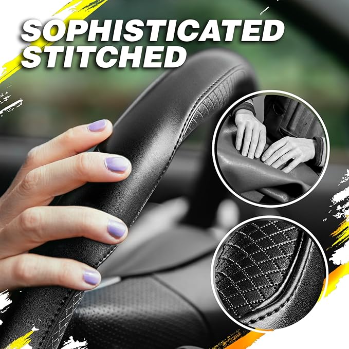 Redline Car Microfiber Leather Steering Wheel Cover Black Genuine Fit 15 inch Universal Anti-Slip Protector for Driverse