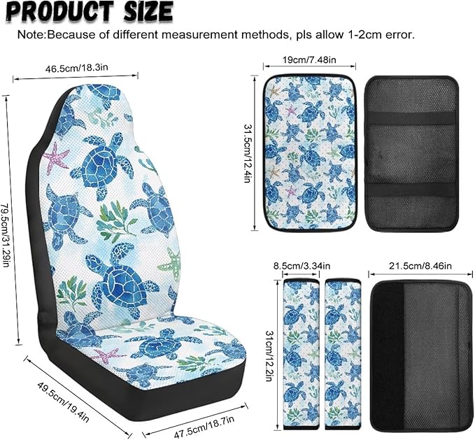 FUSURIRE Sea Turtle Pattern Car Interior Accessory Set of 5,PU Front Seat Covers, Seat Belt Covers & Center Armrest Pad,Universal for Car, SUVs,Van,Small Trucks