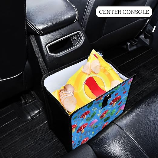 Car Trash Can Organizer Bin with Adjustable Strap for Back Front Seat Console Waterproof Leakproof Collapsible Portable 11 Inch Bright Blue Mushrooms Leaves and Ladybugs