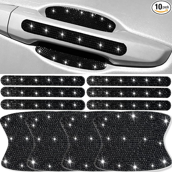 10 pcs Bling Diamond Car Door Handle Stickers, Bling Car Accessories for Women, Universal Rhinestone Crystal Glitter Door Handle Protector Stickers and Decals, Scratch Safety Reflective (Black)