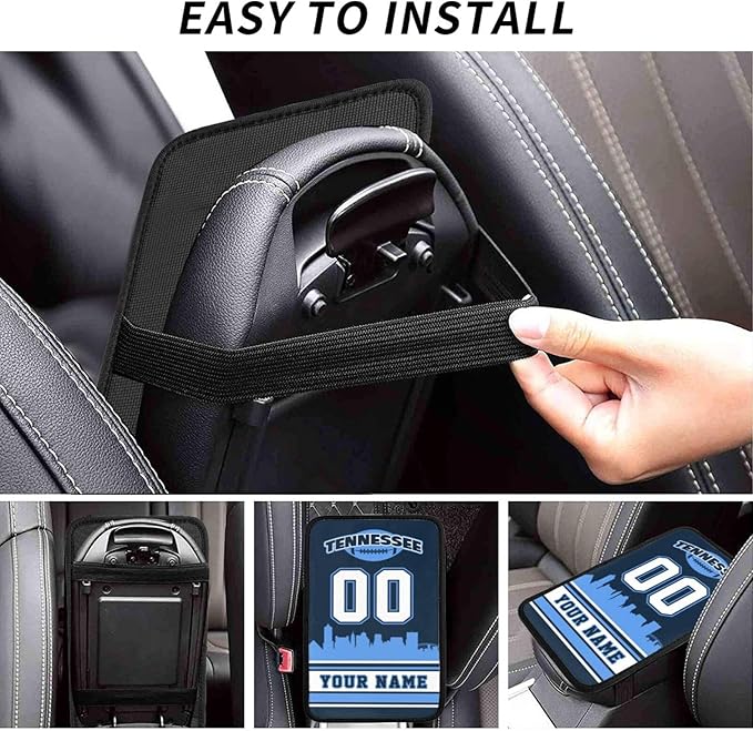 Custom Tennessee Car Armrest Covers Personalized Football Style with Name Number Customized Auto Center Console Pad Car Handrail Box Cushion for Most Vehicle Decor Accessories, Fans Gift