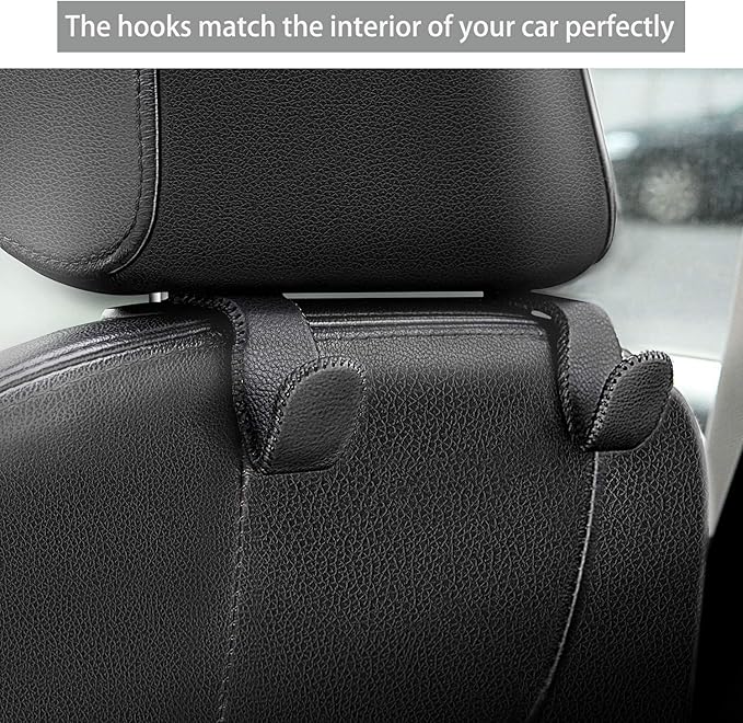 AMVOYOA Car Headrest Hook, Leather Vehicle Back Seat Hanger Storage for Purse Groceries Bag and More, Black&Red, Pack of 2