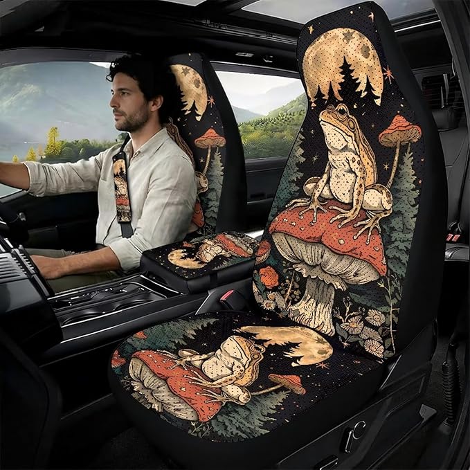 Psesaysky 5 Piece Car Accessories Set Mushroom Frog Comfort Front Seats Covers Set of 2, Car Seat Belt Pads with Center Console Armrest Cushion Universal Fit Most Truck SUV Van