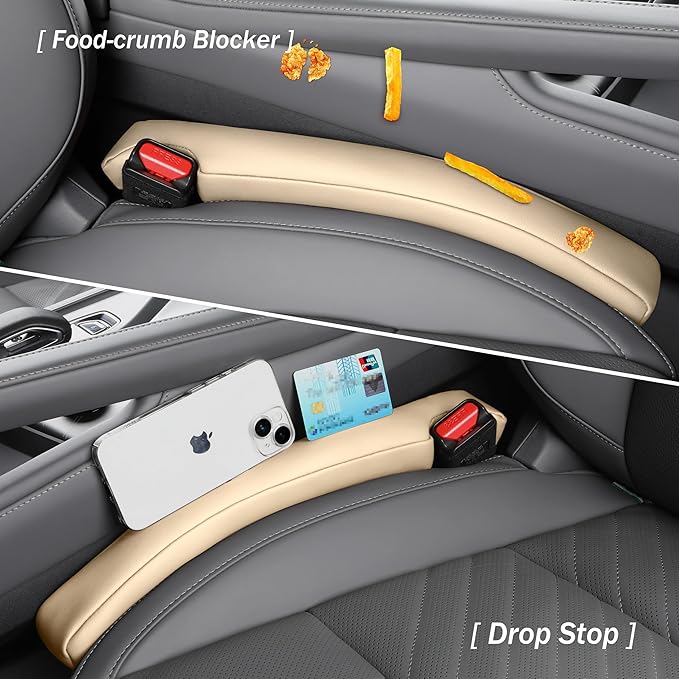 POKSRI 2PCS Leather Car Seat Gap Filler organizer,Gap plug box for car seat space,fill between gap strip,Fits gaps 3.5-6cm(1.4-2.4 in) wide(Beige)
