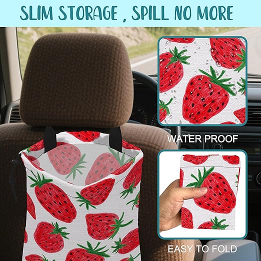 KXWQTRDD Car Garbage Bag Red Sweet Strawberry Drawstring Car Trash Bag Hanging for Back Seat with Adjustable Buckle Canvas Vehicle Trash Can Easy-to-Install