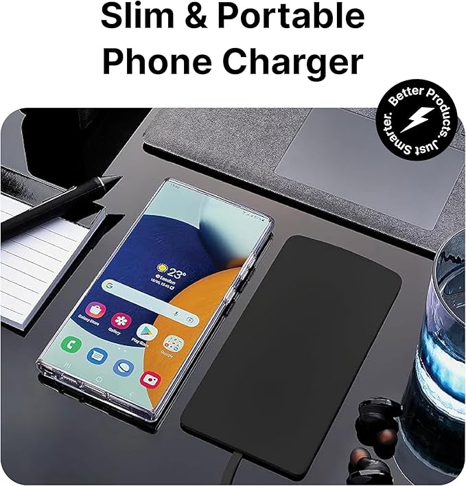 IJS Ultra Slim Wireless Charger Up to 15W Max Fast Charging Pad Compatible for Apple, Samsung Devices, Smart Phone Charger - Adapter Not Included