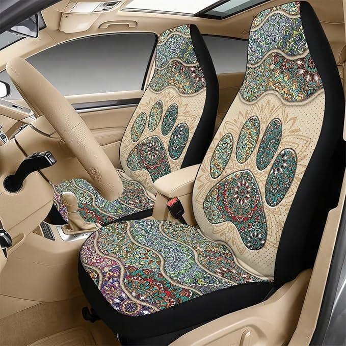 FUSURIRE Boho Paws Print Car Accessories Full Set 5 Pack PU Leather Seat Covers for Cars Seat Belt Cover Armrest Cushion Breathable Auto Interior Accessories for Women Men