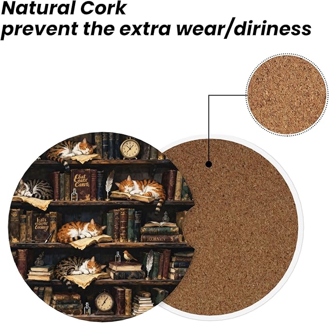 HUWAAI Cat Library Bookshelf Car Cup Holder Coasters 2 Pack Universal 2.63 Inch Anti Slip Ceramic Absorbent Coaster with Cork Base and Finger Notch Cute Car Accessories Interior for Women