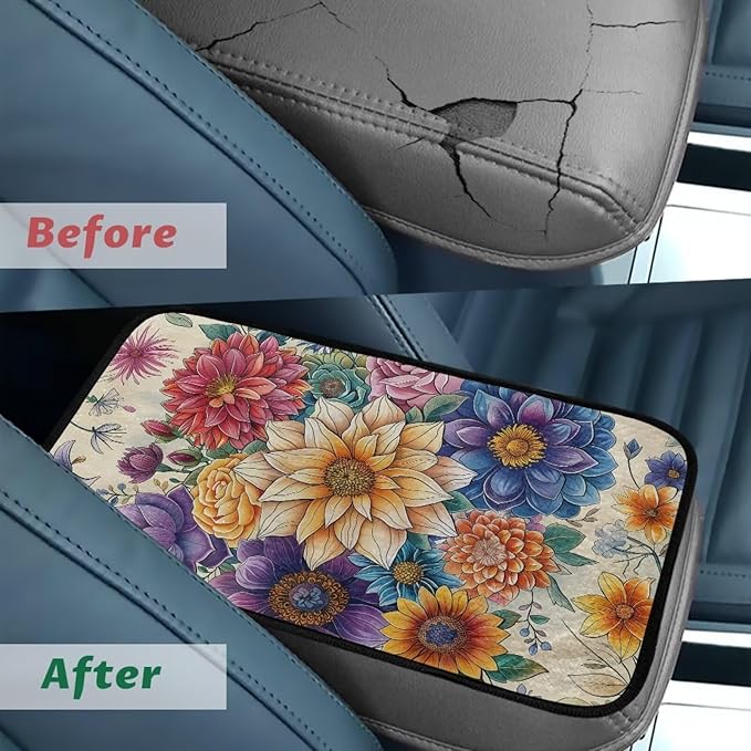 Bulopur Colorful Flowers Car Center Console Cushion Pad Flannel Center Console Cover Easy to Install Car Decor Accessories Auto Universal Car Interior Accessories Car Arm Rest Cover