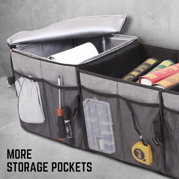 DNA Motoring Trunk Organizer for Car, 90L Large Capacity Foldable Trunk Organizer, Multi Compartment Car Trunk Organizer for Women Men, Grey, TOOLS-00421