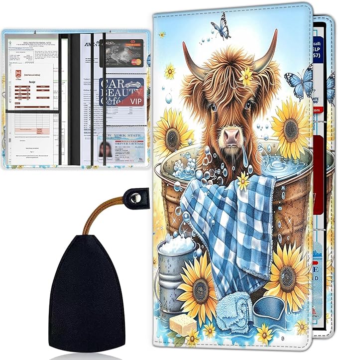 Car Registration and Insurance Card Holder for Women Men, Waterproof PU Leather Glove Box Car Organizer with Magnetic Shut, Vehicle Document Holder for Driver License,Cards, Cute Cow Sunflower