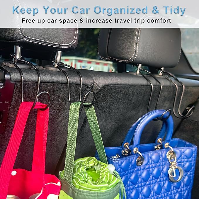 4 Pack Purse Hook for Car SUV Truck Seat Front Back Organizer Metal Hanger Headrest Holder for Handbag, Bag, Hardhat, Grocery Road Trip Must Haves Car Gadgets Accessories for Women (2*Small + 2*Large)