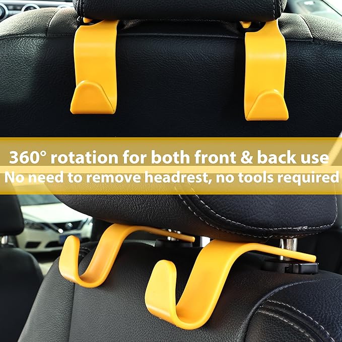 Amooca Car Seat Headrest Hook 4 Pack Hanger Universal Vehicle Car Storage Organizer for Handbag Purse Coat S Type Yellow