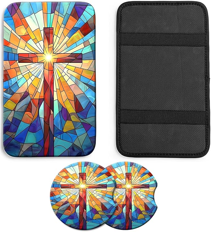 JANENFNA Car Armrest Cover Pads Universal Fashion Cute Auto Center Console Armrest Cover Pad with 2PCS Car Coasters Soft Waterproof Car Armrest Seat Protector for Women,Stained Glass Cross
