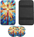 JANENFNA Car Armrest Cover Pads Universal Fashion Cute Auto Center Console Armrest Cover Pad with 2PCS Car Coasters Soft Waterproof Car Armrest Seat Protector for Women,Stained Glass Cross