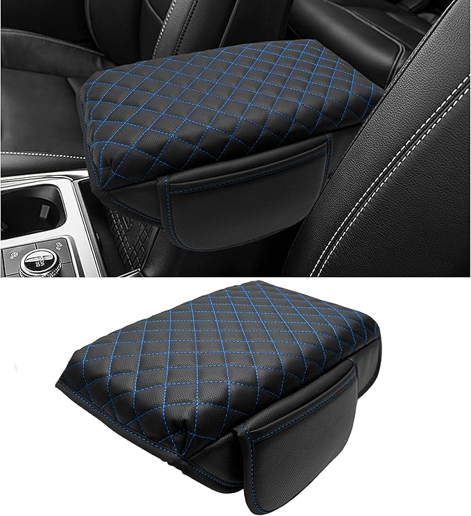 Center Console Cover for Ford Explorer 2026 2025 2020-2024 Accessories 1.2in Thickness Armrest Cover Leather Arm Rest Box Lid Protector Cushion Pad Middle Console Cover with Side Pockets (Blue Stitch)