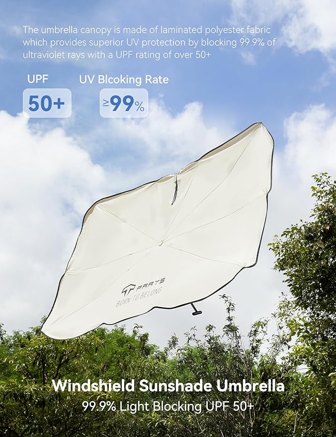 TPARTS Windshield Sun Shade Umbrella for Tesla Model Y/3/S/X 2017-2025, Full-Size Foldable UV Ray Reflector with Fiberglass Ribs & 360° Bendable Handle Car Interior Windshield Cover (54" L x 35" W)