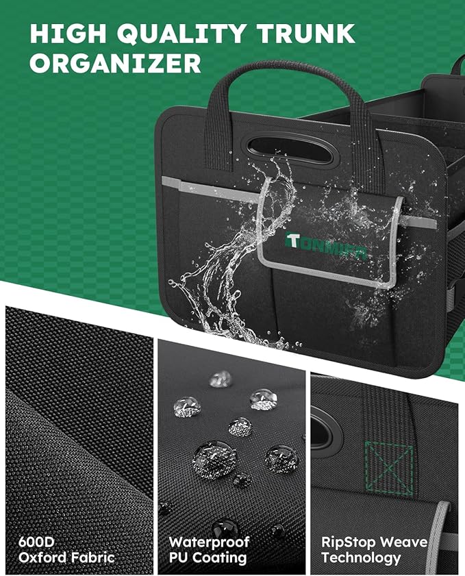 Tonmifr 2-Compartment Trunk Organizer & Multi-Compartment Storage Box 600D Waterproof Oxford, with Reflective Strips and 8 Side Mesh Pockets for SUV, Sedan, Minivan- Heavy-Duty Car Organiser(65L)