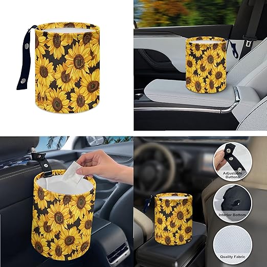 Car Trash Can with Hanging for Back Seat, Car Accessories for Women Men Automotive Garbage Cans Vehicle Trash Can for Truck SUVYellow Sunflower