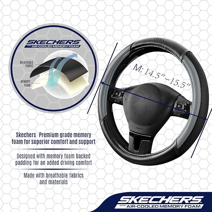 Skechers Air-Cooled Steering Wheel Cover,Leather Car Steering Wheel Cover Universal Fit 14" 1/2-15" Car Wheel Protector for Men Women Fit Suvs,Vans,Sedans,Car,Trucks,Gray