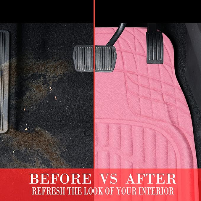 CAR PASS 4 Piece Leather Car Floor Mats -3D Cute Girly Waterproof All Weather Car Mat Full Set, Universal Trim to Fit & Anti-Slip Burr Bottom & Light Easy Clean for SUV Truck Auto Sedan Van(Pink)