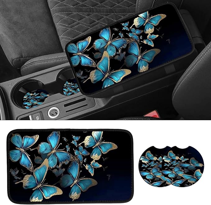 JANENFNA Car Armrest Cover Pads Universal Fashion Cute Auto Center Console Armrest Cover Pad with 2PCS Car Coasters Soft Waterproof Car Armrest Seat Protector for Women,Blue Golden Butterflies