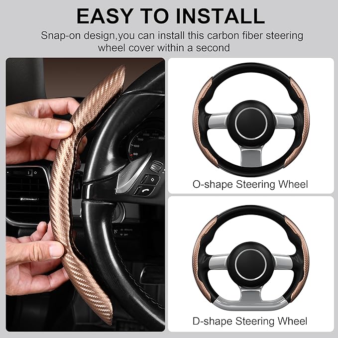 CAR PASS Carbon Fiber Steering Wheel Cover, Segmented Wheel Protector Non-Slip Sporty Car Accessories, Universal Fit for D-Shape O-Shape 14.5" to 16" Steering Wheels for Men Women, 2pcs Brown Carbon