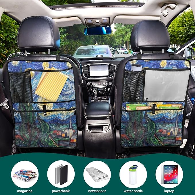 JIPONI Car Backseat Organizer, Van..gogh Starry Automotive Back Seat Protector, Kick Mats with Storage Pockets for Kids Pets, Road Trip Accessories