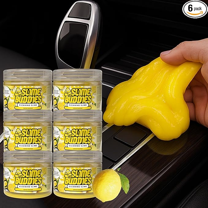 Slime Buddies Car Cleaning Gel Putty - 6 Pack Lemon Scented Interior Detailing Tool for Cup Holder, Air Vent & Keyboard - Reusable Auto Detailing Accessories - Dust Remover Goop - Gifts for Men Women