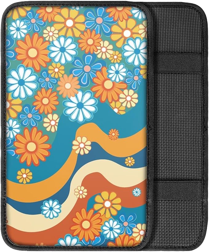Hippy Floral 70s Car Armrest Cover Pad for Women Breathable Soft Center Console Arm Rest Protector Cover Universal SUV Vehicle 70s Car Accessories