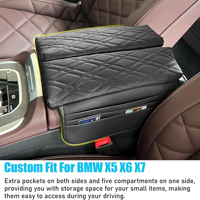 Jaronx Compatible with BMW Center Console Cover w/Storage Pockets X5 2019-2025/X6 2020-2025/X7 2019-2025,Leather Armrest Cover Cushion for BMW X5 G05 X6 G06 X7 G07 Accessories