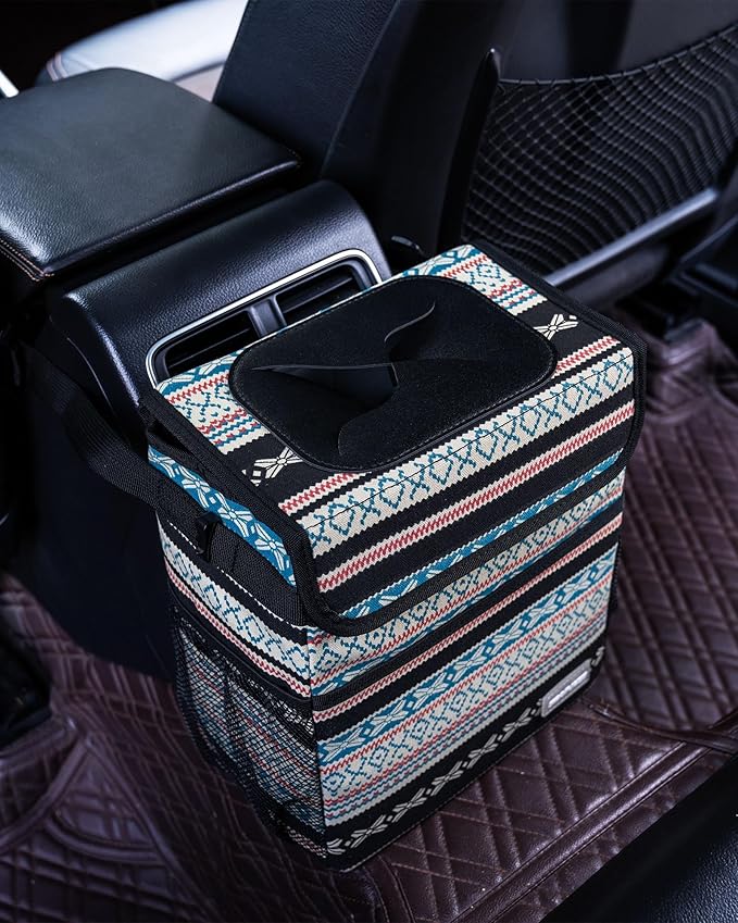 SIBOFUEGO Car Garbage Can Cute - Leak-Proof Car Trash Can with Lid and Storage Pockets, Car Trash Bin for Men and Women, Boho Aztec Essentials: Must-Have Car Interior Accessories (Beige Aztec Motif)