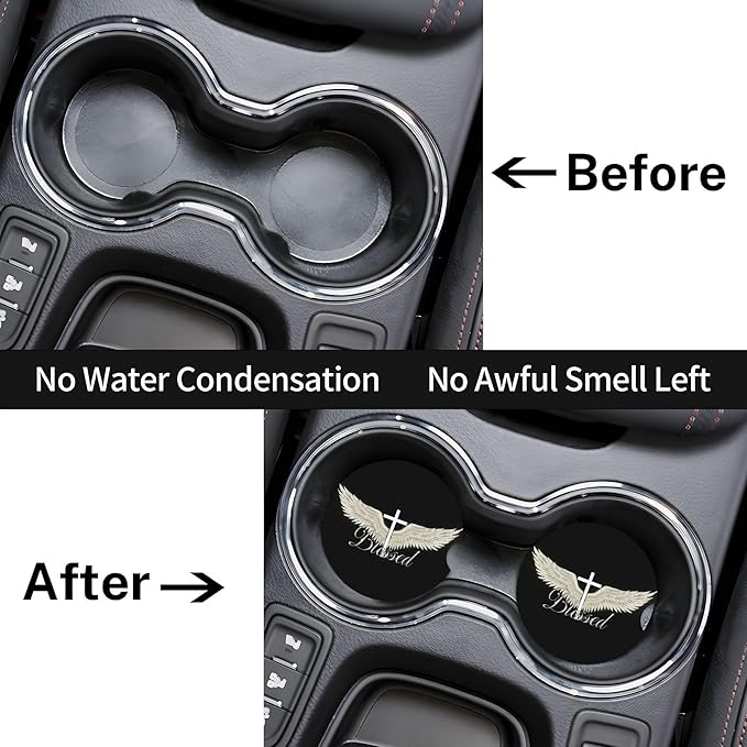 HUWAAI Blessed Cross Wing Car Cup Holder Coasters 2 Pack Universal 2.63 Inch Anti Slip Ceramic Absorbent Coaster with Cork Base and Finger Notch Cute Car Accessories Interior for Women