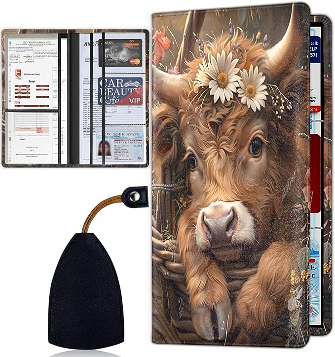 Car Registration and Insurance Card Holder for Women Men, Waterproof PU Leather Glove Box Car Organizer with Magnetic Shut, Vehicle Document Holder for Driver License,Cards, Cow and Flowers Pattern