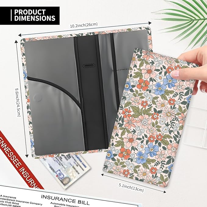 ADUQLZUX Leather Car Registration and Insurance Card Holder, Cute Car Accessories Vehicle Glove Box Car Organizer for Documents, Cards, License Vintage Colorful Floral