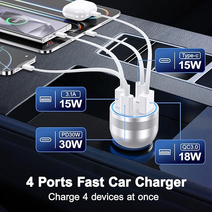 65W Car Charger for iPhone 17/16 Pro Max, 4 Port USB C Car Charger Fast Charging with 2Pack USB C Cables,Fast Car Phone Charger Cigarette Lighter Adapter for iPhone 17 16 15 Pro Max,iPad,Galaxy