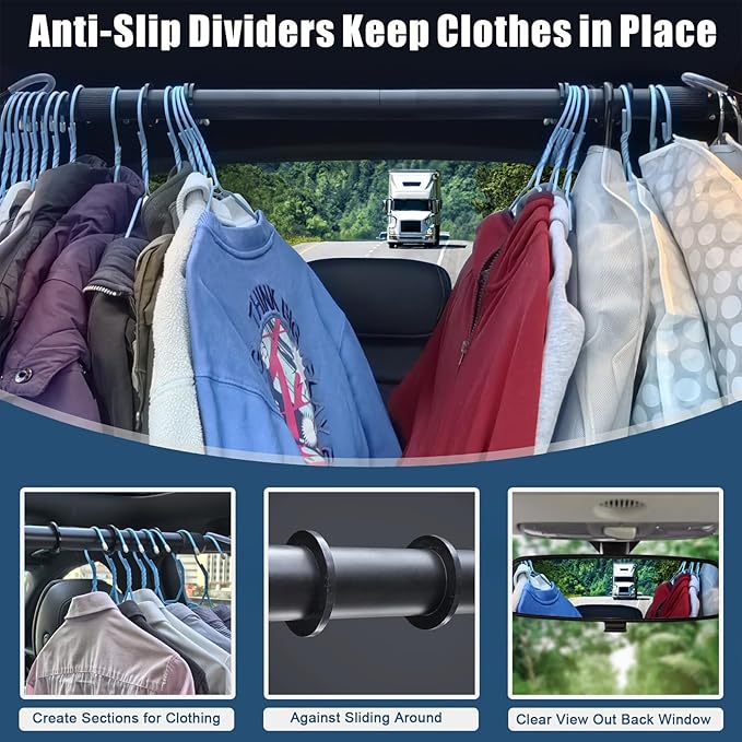 Car Clothes Hanger Bar Heavy Duty Clothing Rod for Vehicle Adjustable Cloth Storage Organizers Automotive Travel Outdoor Hanging Drying Rack for Truck SUV(Extend from 30'' to 66''/Hold up to 120lbs)