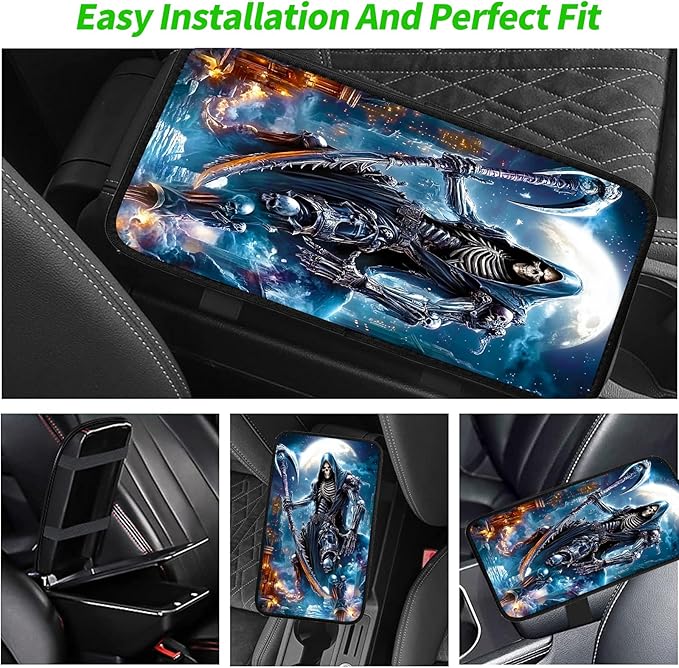 JANENFNA Car Armrest Cover Pads Universal Fashion Cute Auto Center Console Armrest Cover Pad with 2PCS Car Coasters Soft Waterproof Car Armrest Seat Protector for Women,Black Grim Reaper