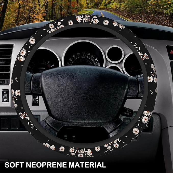 Black and White Daisies Elastic Steering Wheel Cover, Non-Slip Breathable Neoprene Steering Wheel Covers, Women Pink Car Accessories, Universal 15 Inch Fit Auto, Suvs, Truck