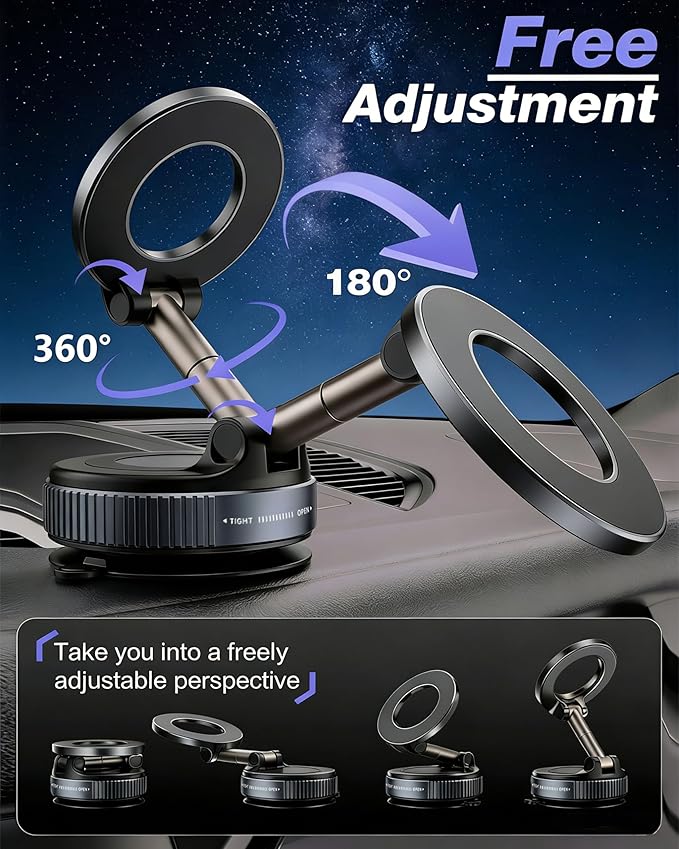 Vacuum Magnetic Phone Holder for Car,2800gf Strong Magnetic Phone Mount,360° Adjustable & Reinforced Suction Cup for Dashboard/Mirror,Car Phone Holder Compatible with iPhone Androi（Deep Black）