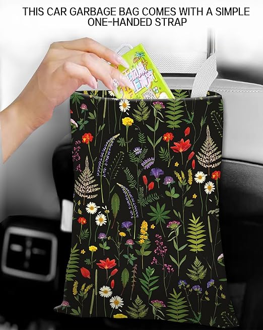 ANKVRP Car Trash Can, Durable Hanging Car Trash Garbage Bag, Cute Automotive Garbage Cans Organizer, Cute Boho Black Flowers