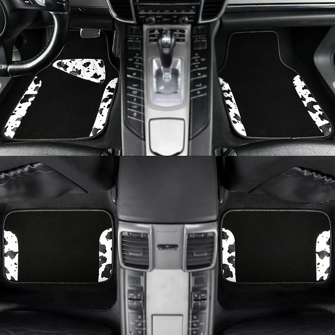 CAR PASS Waterproof Universal Fit Car Floor Mats, Cow Print Car Mats Fit for SUV,Vans,sedans, Trucks,Set of 4pcs Car Carpet with Driver Heel Pad and Nibs Backing,or Cute Women Girly Funny Black White