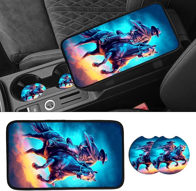JANENFNA Car Armrest Cover Pads Universal Fashion Cute Auto Center Console Armrest Cover Pad with 2PCS Car Coasters Soft Waterproof Car Armrest Seat Protector for Women,Cowboy Horse